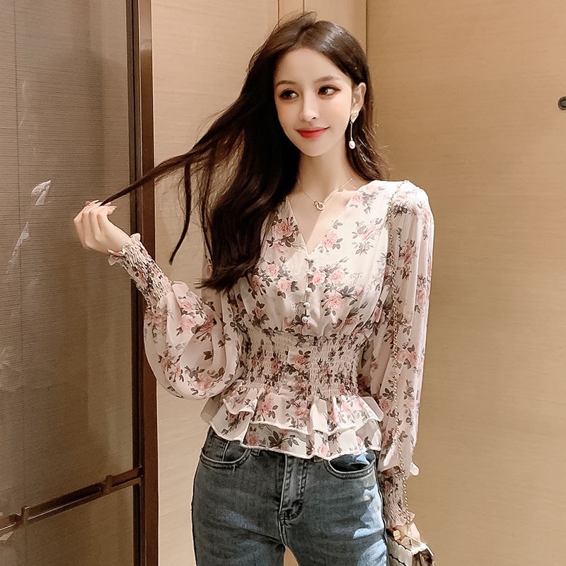Áo Voan Hoa Tay Bồng Bo Chun Eo Dáng Peplum