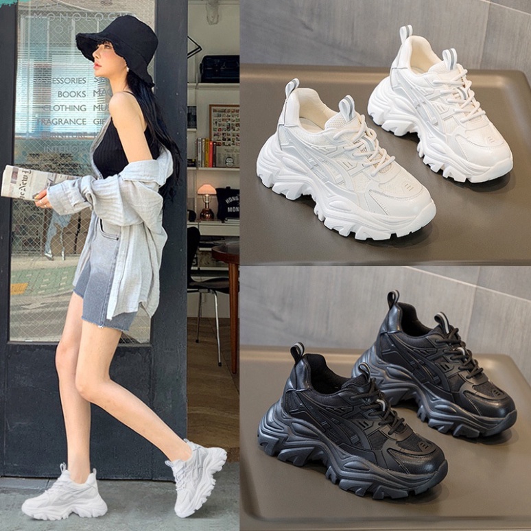 Giày thể thao nữ sneaker độn đế cá tính thông hơi đi cực kì êm chân, giày thể thao đế cao 7p hai màu đen trắng mẫu mới