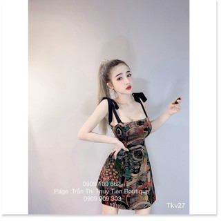 Đầm xòe họa tiết 2 dây cột nơ siêu hot + Ảnh thật