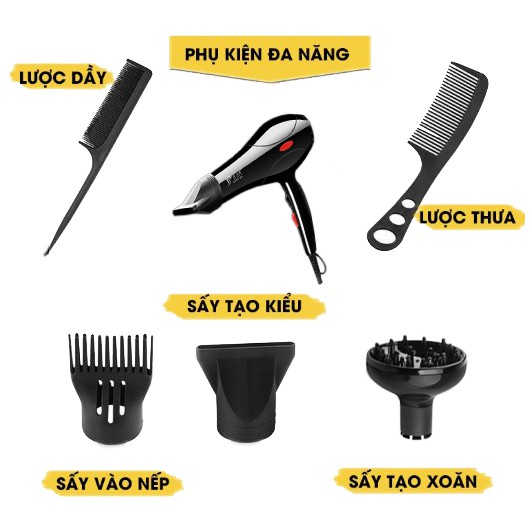 Máy Sấy Tóc DELIYA Nóng Lạnh 2 Chiều Công Suất Lớn 2200W Tặng Kèm 5 Phụ Kiện