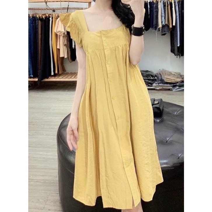 Váy đũi xước cánh tiên cúc ngực dáng xòe nhẹ bầu mặc được vanmiushop