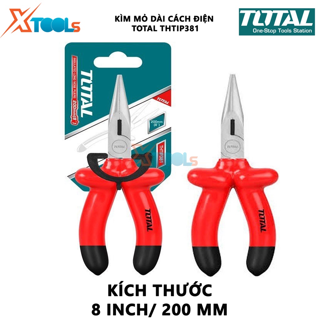 Kìm mỏ dài cách điện TOTAL THTIP381 | kềm cách điện Độ cách điện 1000V, Tay cầm bọc nhựa cách điện, Mũi kìm được làm bằn