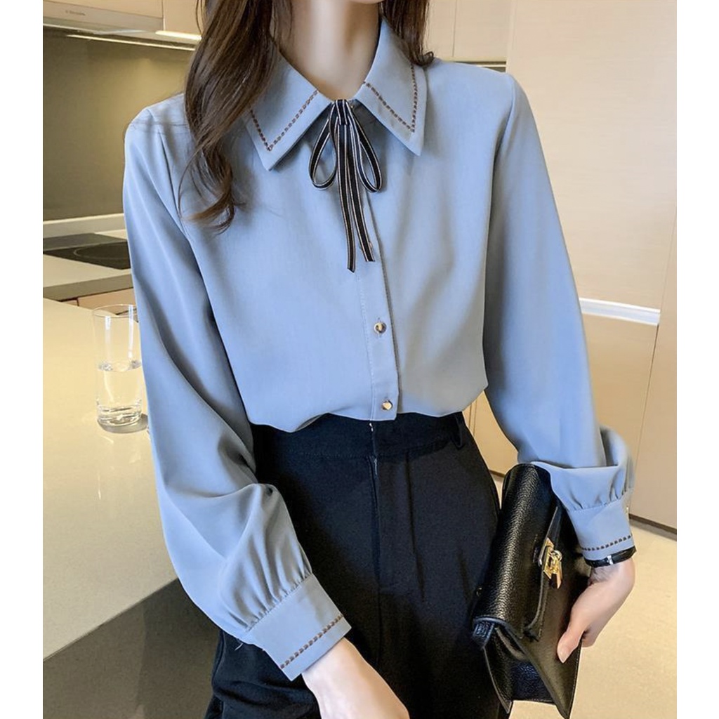 Sơ Mi Công Cổ Nơ Màu Be, Xanh Than Mềm Mại BBSM-02