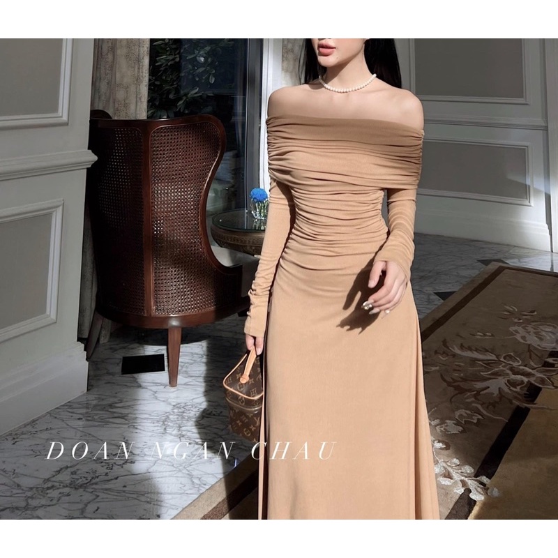 Váy len tăm trễ vai dáng dài