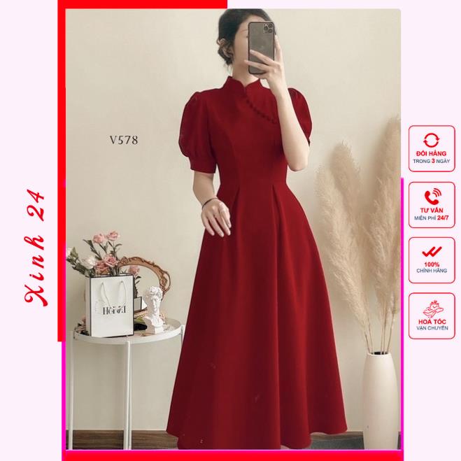 Đầm váy đỏ đi tiệc sang chảnh cổ áo dài (kèm hình thật) | BigBuy360 - bigbuy360.vn