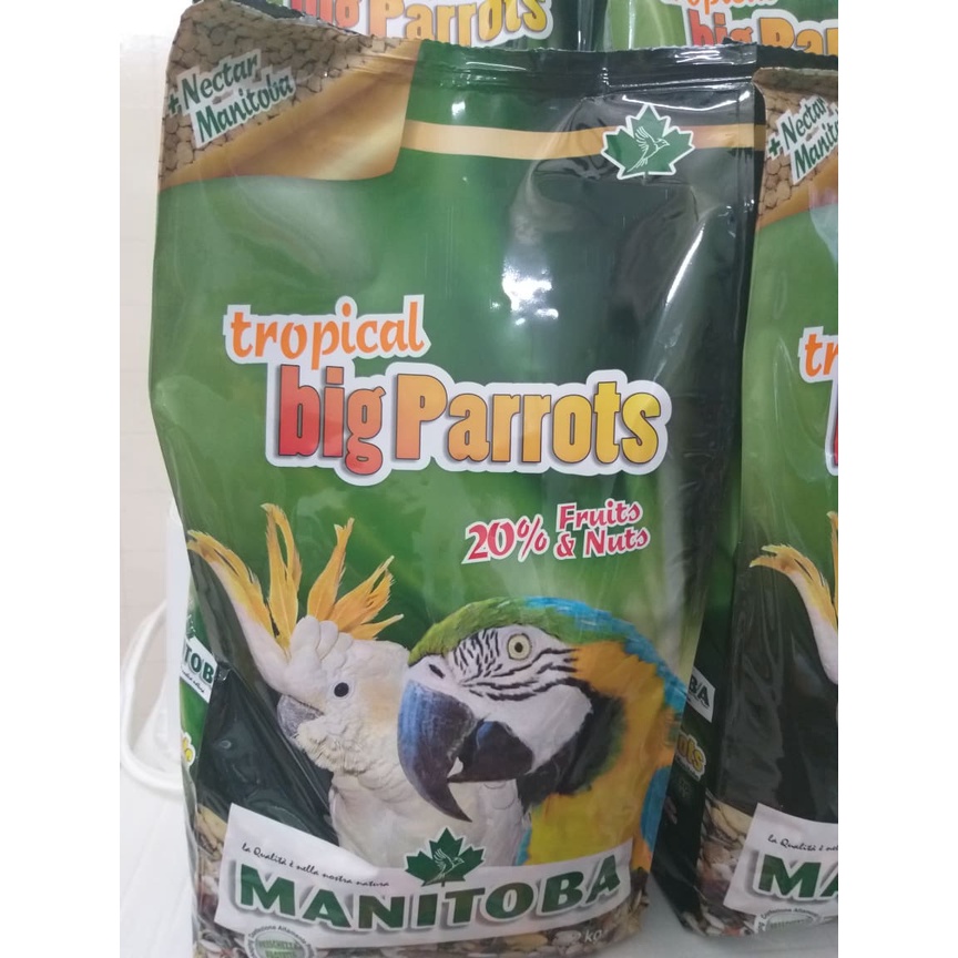 hạt trộn hoàn chỉnh TROPICAL BIG PARROTS gói nguyên 2KG của MANITOBA chuyên dùng cho tất cả vẹt macaw và cookatoo lớn