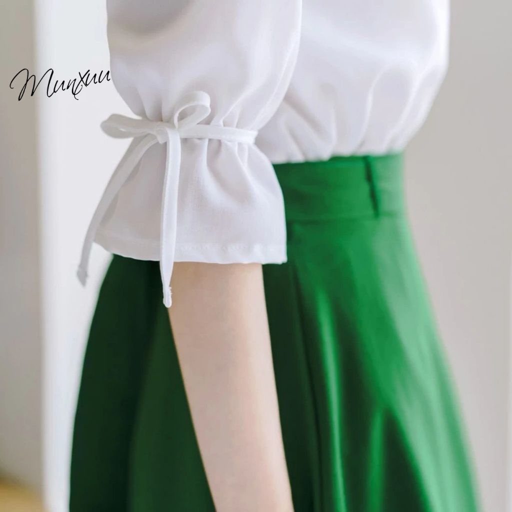 Áo sơ mi trắng nữ công sở Munxuu tay áo lỡ thắt dây điệu đà thanh lịch - SK13