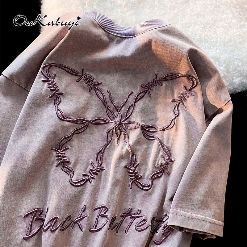 Áo thun OUKABUYI vải cotton tinh khiết tay ngắn họa tiết bướm thời trang 2022 dành cho nam và nữ/ cặp đôi