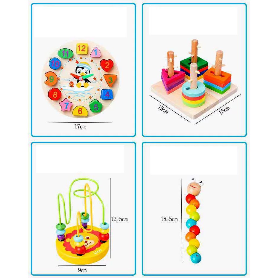 Đồ Chơi Gỗ Montesseri Phát Triển Trí Tuệ Cho Bé Vừa Chơi Vừa Học - Đồng Hồ Hình Khối, Thả Hình, Luồn Hạt, Sâu