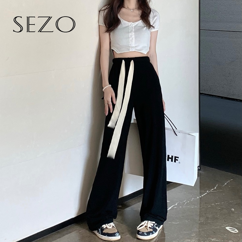 QKOOLE Quần Dài Lưng Cao Ống Rộng Màu Đen Phong Cách Hàn Quốc Cho Nữ