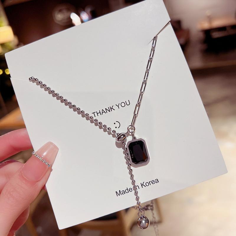 XiaoboACC Dây Chuyền Đính Đá Mặt Hình Vuông Bằng Thép Titan - 38CM+6CM