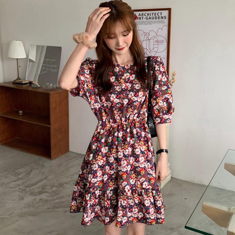 Đầm Tay Ngắn Hoạ Tiết Hoa Thiết Kế Cổ Tròn Thanh Lịch Dành Cho Nữ