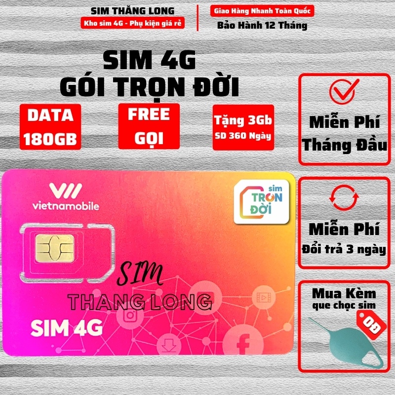 Sim 4G Vietnamobile Data 180Gb (6Gb/Ngày - Thánh Úp & Trọn Đời) - Gọi Miễn Phí - Sim Không Giới Hạn Data - Giá Siêu Rẻ