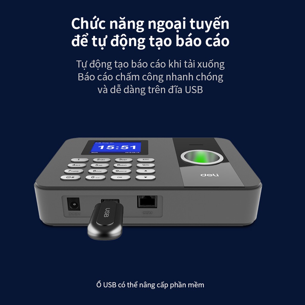 Máy Chấm Công Quét Vân Tay Deli Chính Hãng - Màn Hình 2.4 Inch, Camera Kép, Kết Nối USB - Tích Hợp Nhiều Ngôn Ngữ E3747