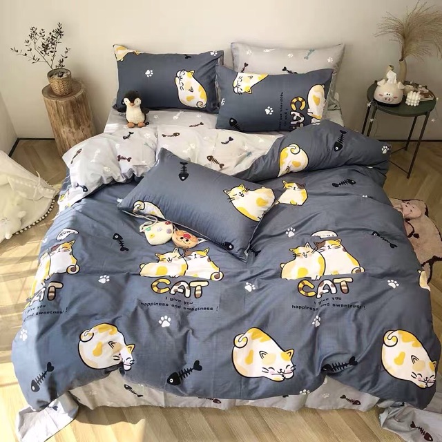 Set Chăn Ga Mèo Xương Cá Cotton Poly Siêu Ngộ Nghĩnh (Shinbedding.shop)