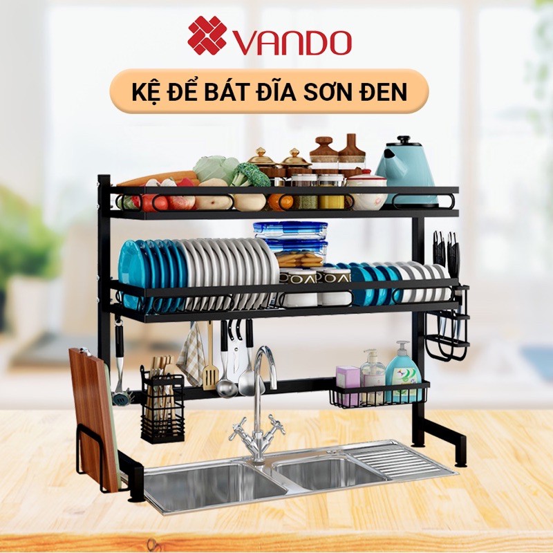 Kệ Để Chén Bát Đa Năng Thông Minh VANDO, giá Để Đồ Chén Đĩa Trên Bồn Rửa Bát Thép Carbon Sơn Đen Cao Cấp