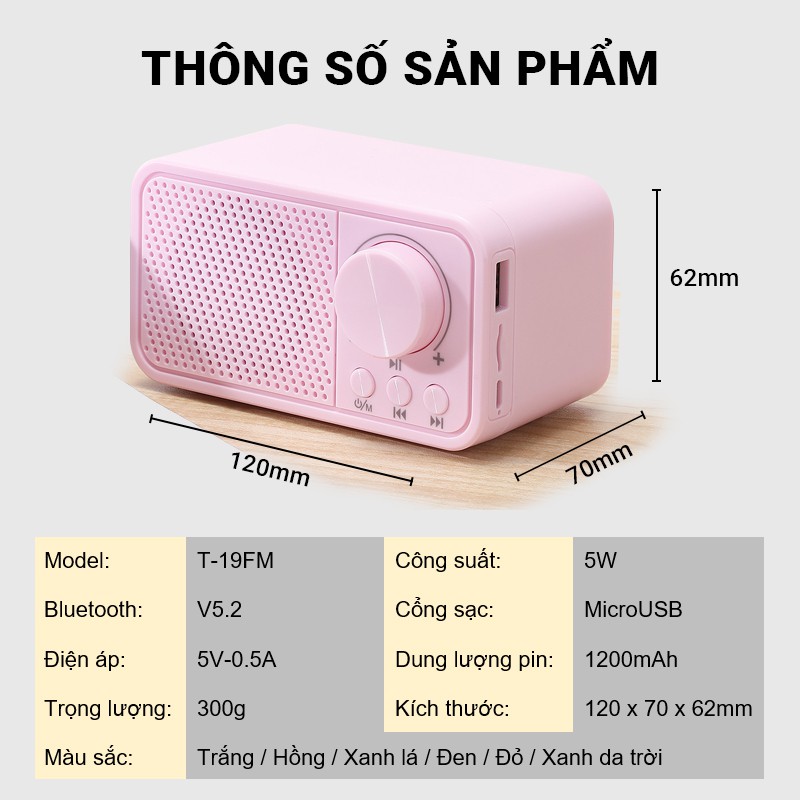 Loa bluetooth nhỏ gọn Cát Thái T-19FM âm bass mạnh mẽ công suất loa 5W, nghe nhạc bằng thẻ nhớ TF, USB, bluetooth 5.2