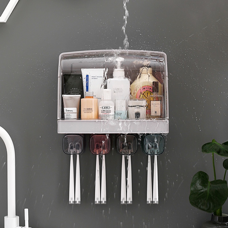 Kệ đựng mỹ phẩm, dụng cụ nhà tắm kèm 4 ly có nắp chắn nước gắn tường tiết kiệm diện tích