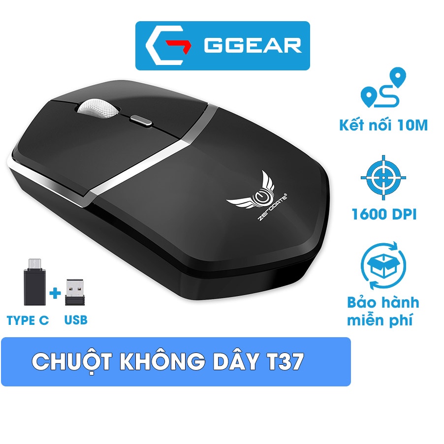 Chuột không dây GGEAR ZEROOATE T37 chuột máy tính đầu thu USB 2.4G pin rời pin sạc 1600dpi văn phòng gaming pc laptop