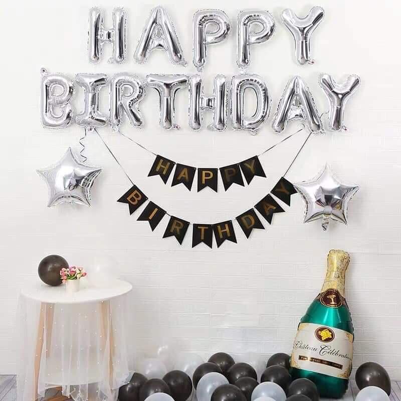 [Ảnh thật] Set trang trí sinh nhật. happy birthday tone trắng bạc xám tinh tế TẶNG KÈM bơm bóng, keo dán tùy combo