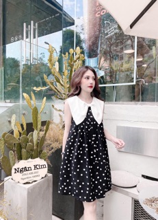 váy chấm bi cổ nơ trắng