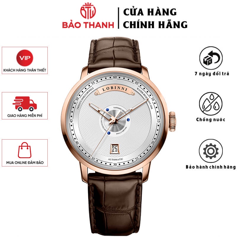Đồng Hồ Nam LOBINNI No.1602 Chính Hãng BH 24T Chịu Nước 50m Kính Chống Xước Dây Da Cao Cấp (Máy Cơ Tự Động)