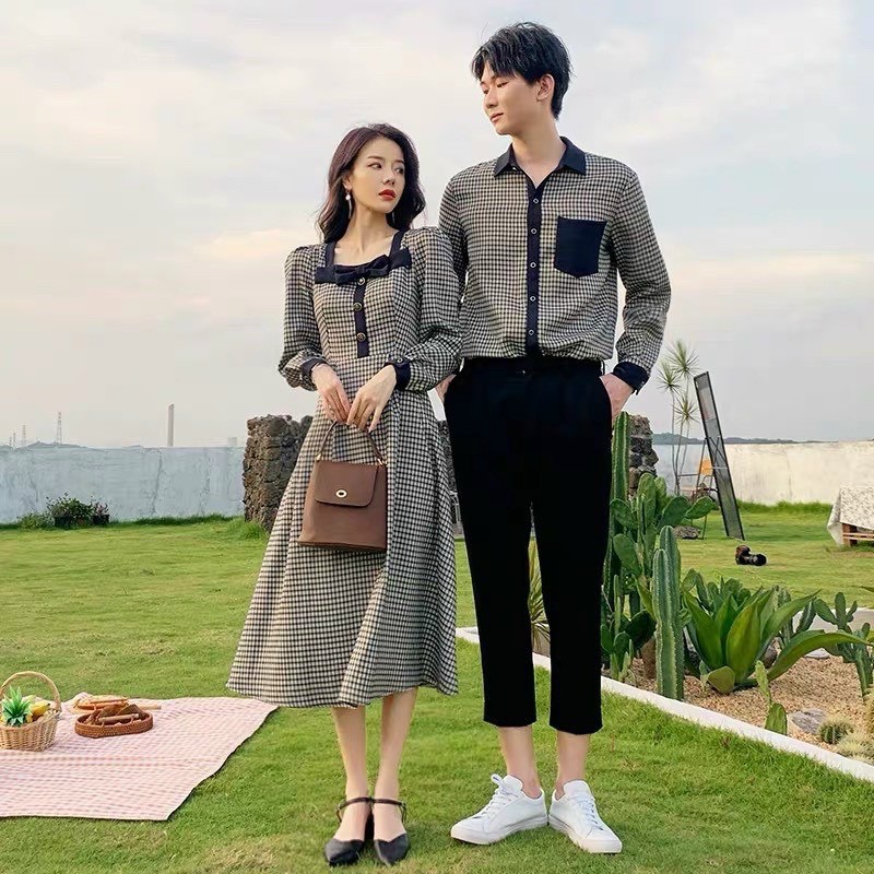 Set áo đầm đôi Hàn Quốc sọc caro nhỏ đồ cặo nam nữ thời trang đồ cặp váy dài tay