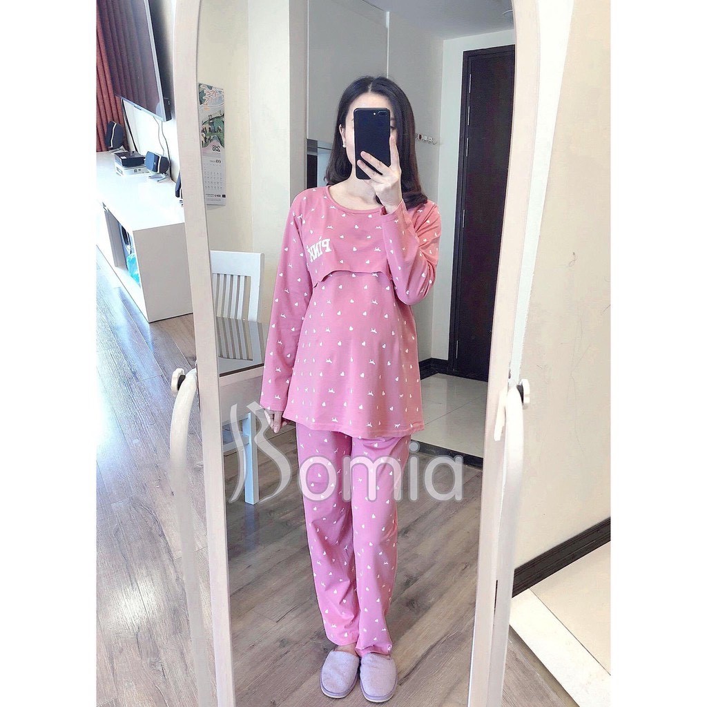 Bộ đồ bầu và sau sinh PINK LẬT TI chất cotton đẹp cho mẹ bầu mặc nhà và cho con bú