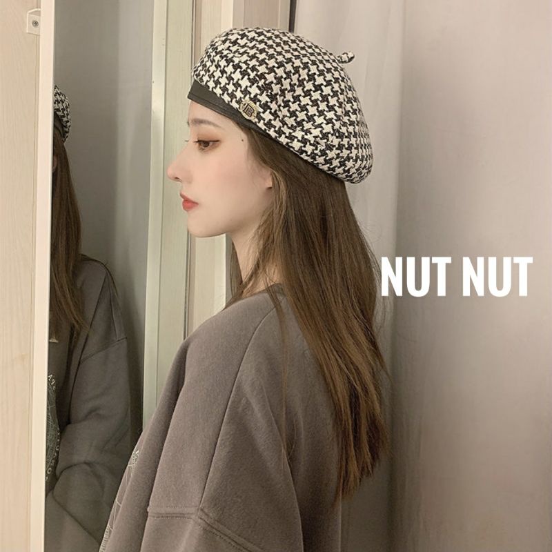 Nón Beret nữ dạ - mũ nồi caro thu đông thời trang Hàn Quốc có dây rút cho nữ M01