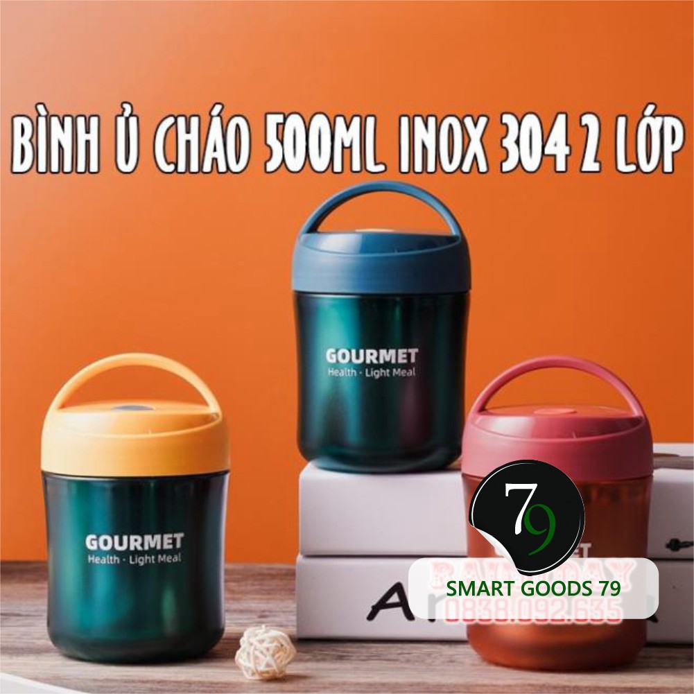 [Freeship hàng cao cấp 327] Bình ủ hộp đựng ủ cháo giữ nhiệt cho bé inox 2 lớp cao cấp dung tích 500ml có quai kèm muỗng