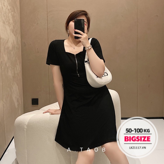 Đầm dáng suông Bigsize Váy nữ tay ngắn cổ vuông thiết kế khoá kéo mùa hè Phong cách Hàn Quốc Thời Trang tiểu thư cá tính xinh đẹp cho người mập béo