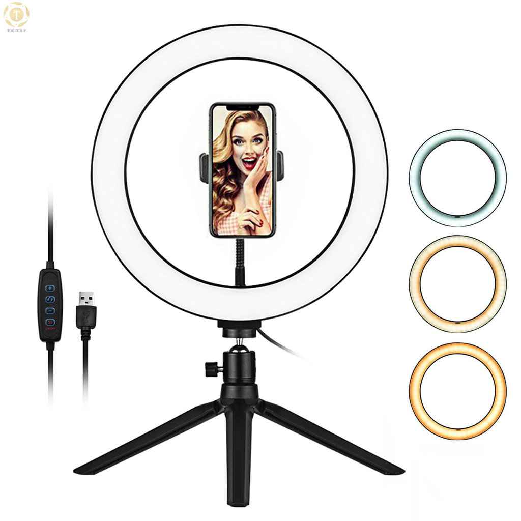 Shipped within 12 hours】 10 Inch LED Ring Light with Tripod Stand Phone Holder 3200K-5500K Dimmable Table Camera Light Lamp 3 Light Modes & 10 Brightness Level for YouTube Video Photo Studio Live Stream Portrait Makeup Photography Ring Light [TO]