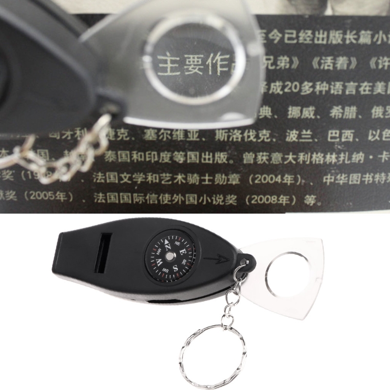 Dụng cụ nhiệt kế kính lúp la bàn còi sinh tồn có móc chìa khóa 4 trong 1