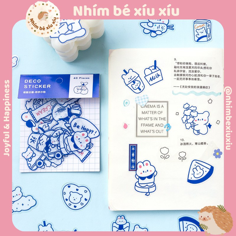 Set 40 sticker viền xanh THỎ TAI HỒNG chống thấm nước Deco Sticker Mr.Paper VT363