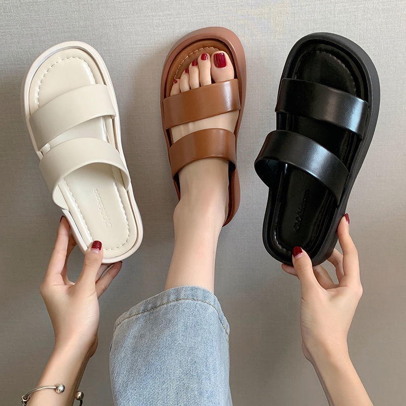 Sandal đế dày, 2 quai da mềm phong cách Hàn Quốc