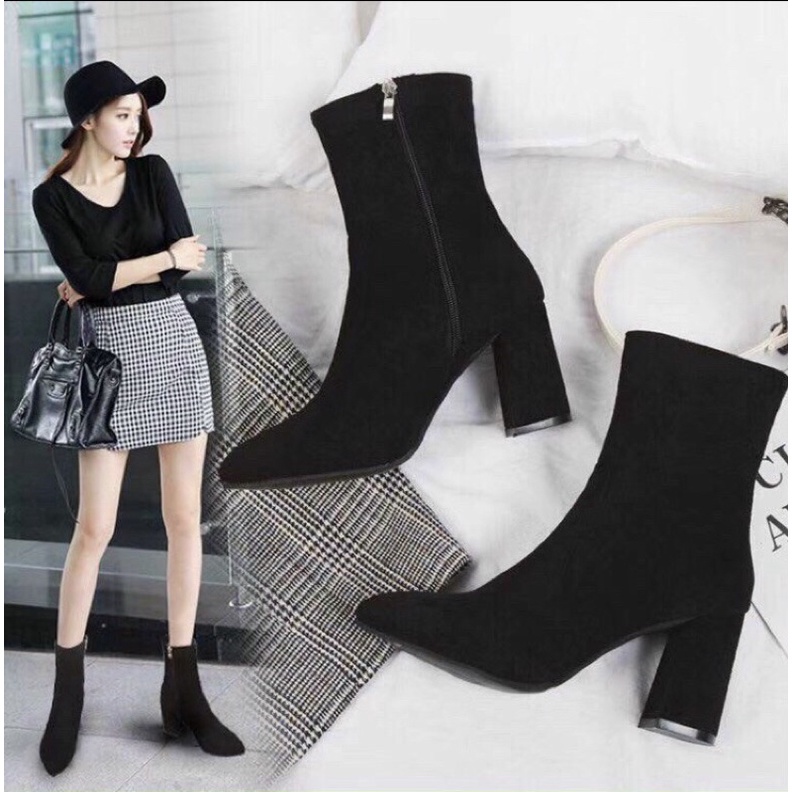Giày bốt nữ- Boot cổ cao khoá cạnh gót vuông 7cm- Ảnh chụp thật - Hàng nhập khẩu