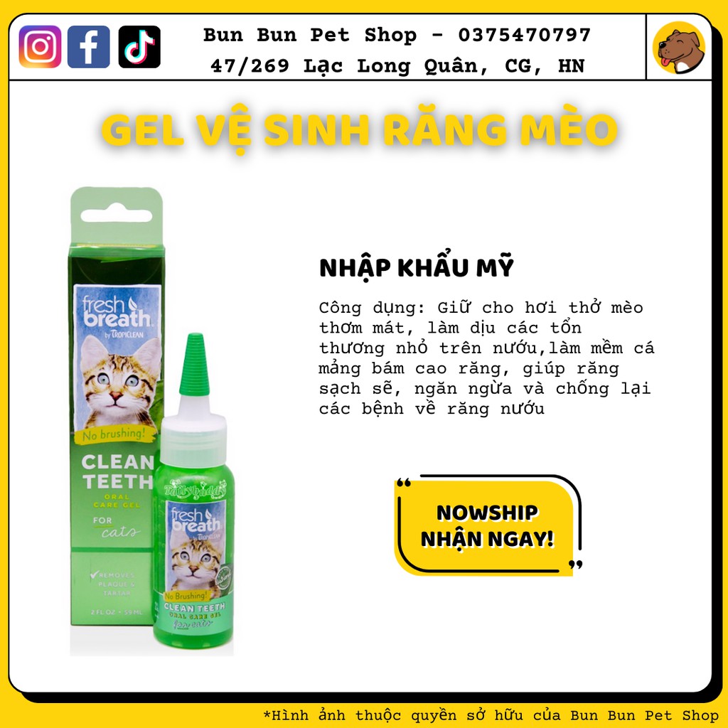 Gel vệ sinh răng miệng đánh bay mảng bám &amp; hôi miệng cho Mèo - TropiClean Fresh Breath Clean Teeth Oral Care Gel