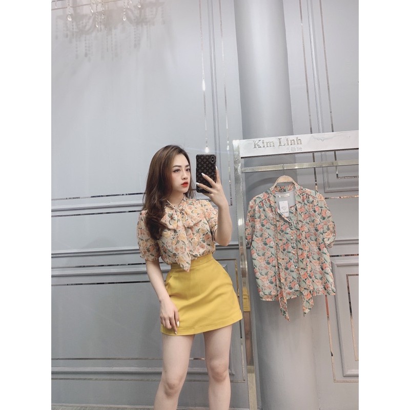 Sơ mi tơ hoa 2 lớp nơ cổ