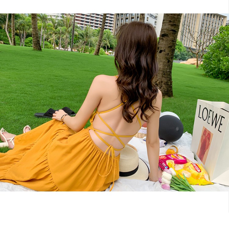 [Có Sẵn S, M] [Ảnh Thật] Váy Maxi vàng 2 dây đan lưng đi biển siêu hot | BigBuy360 - bigbuy360.vn