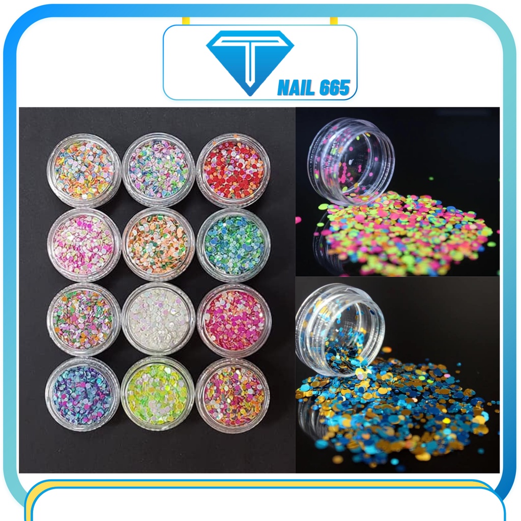 Nhũ kim tuyến trang trí móng nail , Nhũ tròn kim tuyến 9d ẩn gel sét 12 ô