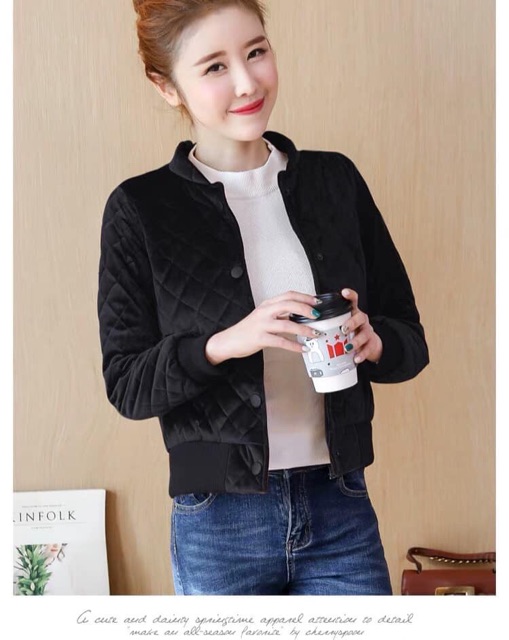 [Hàng oder 10-15ngày về] Áo bomber nhung hoạ tiết trám siêu xinh (có sẳn màu đen sz L) | BigBuy360 - bigbuy360.vn