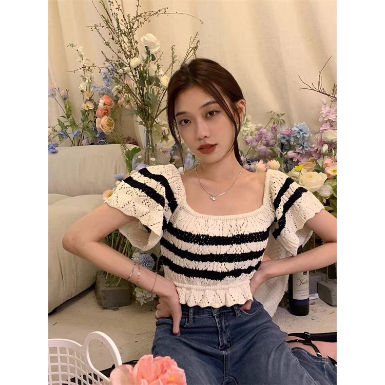 MS720 Áo crotop nữ len đan móc kẻ ngang dày dặn