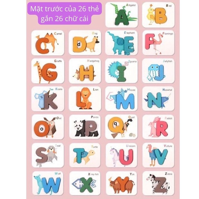 Bảng chữ cái cho bé kèm số bộ 26 chữ cái và 10 số bằng gỗ gắn nổi lên thẻ 3d có in hình con vật có hình dạng tương tự