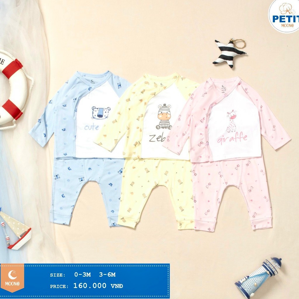 Bộ sơ sinh Moon vải peptit size 0/3,3/6m cho bé trai,bé gái