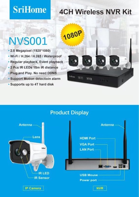 Trọn bộ Kit 4 camera IP SRIHOME NVS001 full HD 1080 + Đầu ghi hình IP 4 kênh