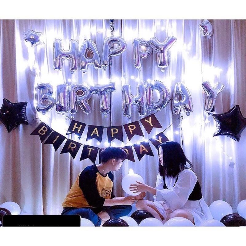 [Ảnh thật] Set trang trí sinh nhật. happy birthday tone trắng bạc xám tinh tế TẶNG KÈM bơm bóng, keo dán tùy combo