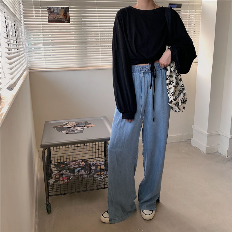 Áo Thun Lửng Tay Dài Dáng Rộng Eo Cao Trẻ Trung Phong Cách Hàn Quốc