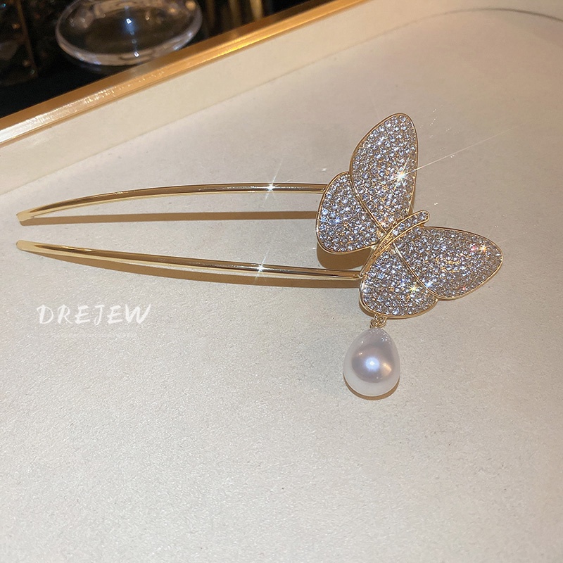 Kẹp Tóc Hình Bướm Đính Ngọc Trai Lấp Lánh Sang Trọng