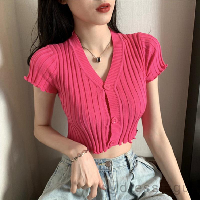 Áo Dệt Kim Tay Ngắn Cổ Chữ V Màu Trơn Kiểu Dáng Hợp Thời Trang Xinh Xắn Cho Nữ
