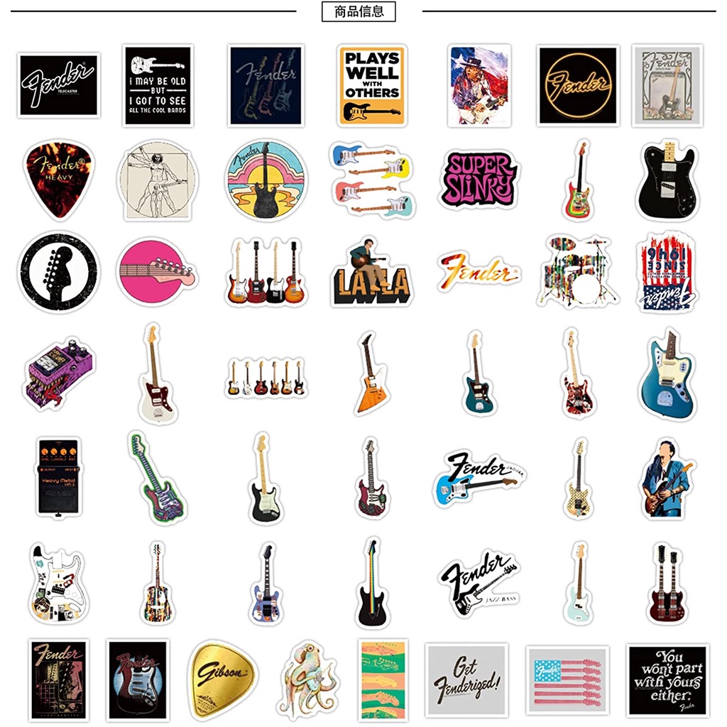 Bộ 50 miếng dán sticker trang trí đàn guitar, ukulele, nón bảo hiểm, laptop... chủ đề Fender Xe hơi